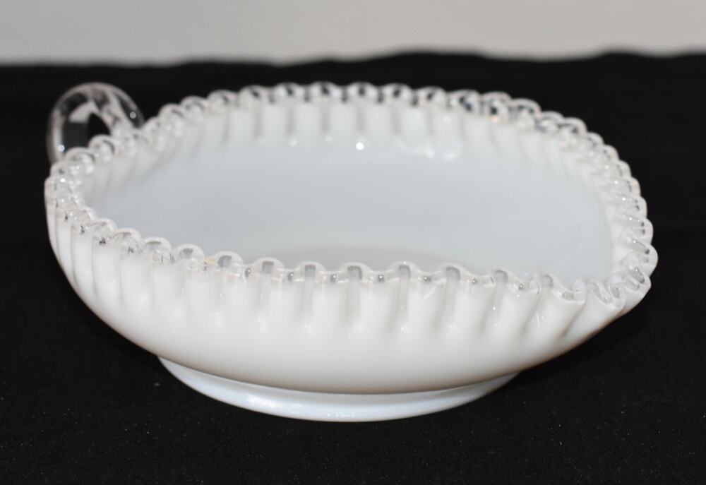 Fenton Silver Crest White Milk Glass Ruffled Edge Heart Candy Dish